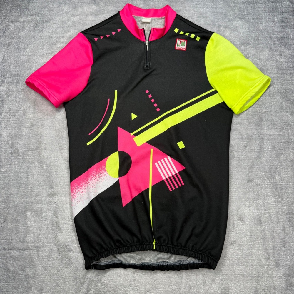 Mancini Cycling Jersey Mens Large Black Neon Geometric 80s Retro Made in Italy